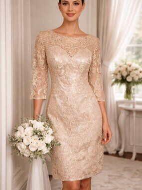 NWT Benzde Champagne Floral Lace Wedding Sheath Dress 3/4 Sleeve Knee Length 12